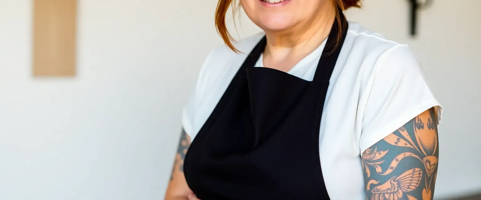 A 45-year-old woman with chestnut hair in a bun, green eyes, wearing a dark apron over a white blouse, with visible tattoos on her arms.