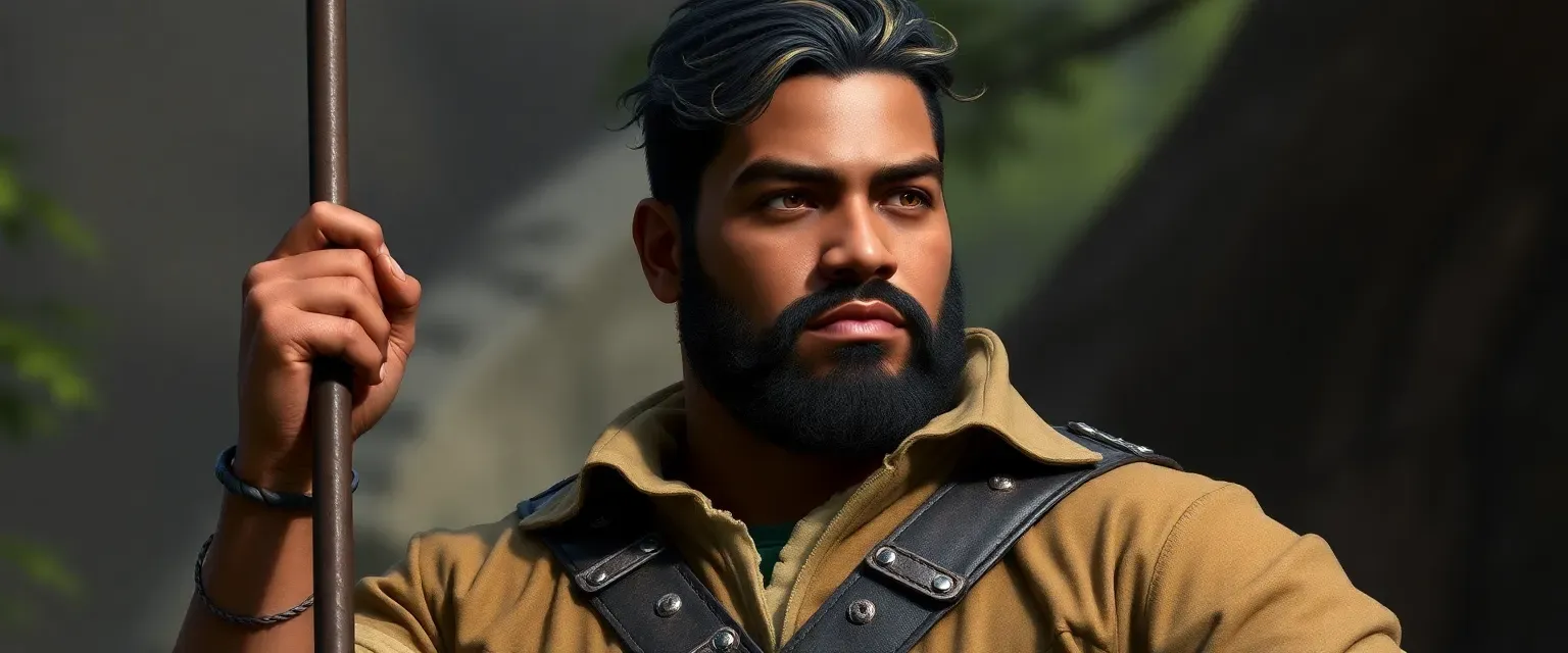 36-year-old Everette DuPont, 5'5", 262 lbs, with dark gold eyes, gold skin, black hair with gold highlights, in practical attire.