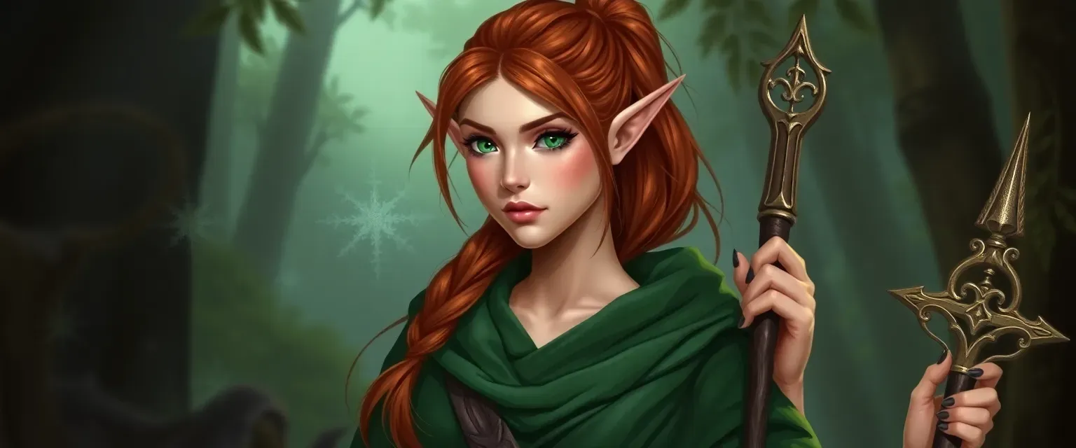 Half-elf woman with pointed ears, emerald eyes, chestnut hair in a ponytail, wearing a forest-green robe and carrying a nature-symbol staff.