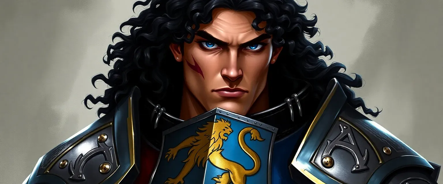 Tall, muscular knight with dark curly hair, blue eyes, and a scar on left cheek, wearing gleaming armor with a golden lion on azure.
