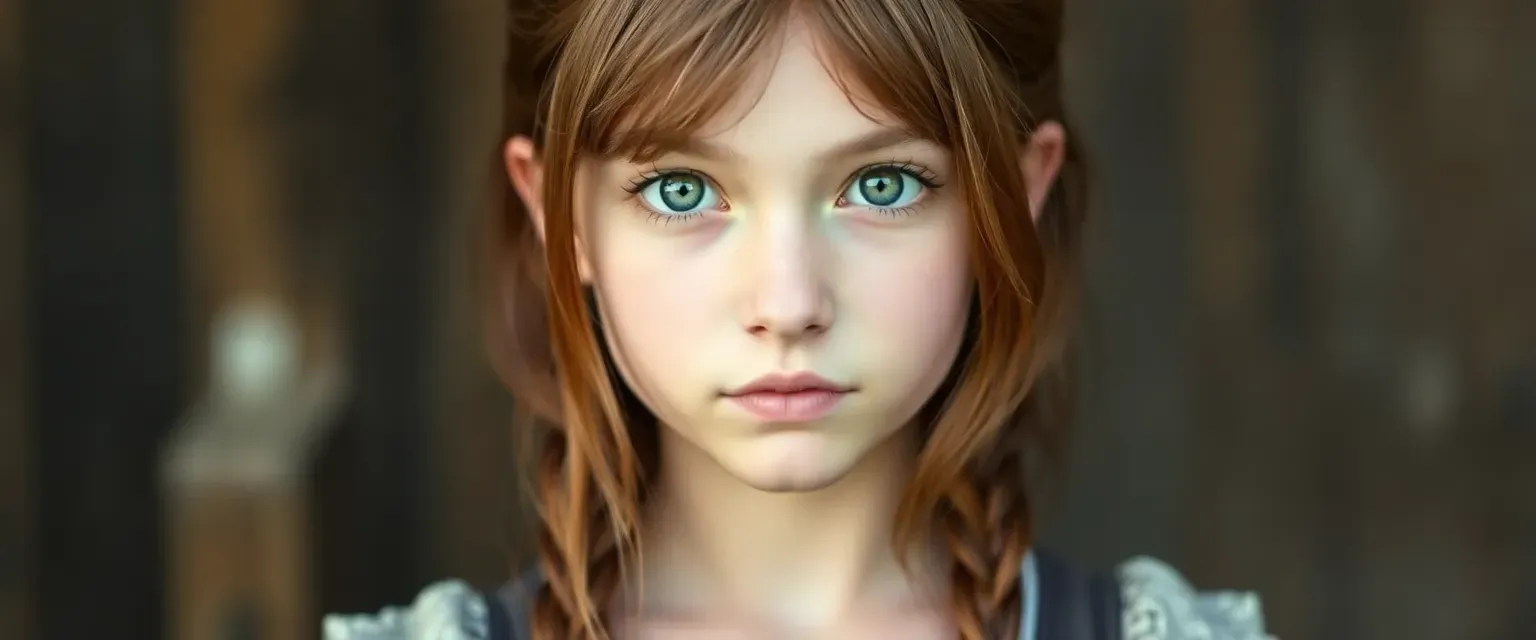 Fourteen-year-old girl with chestnut hair, hazel eyes, wearing a slightly worn-out dress.