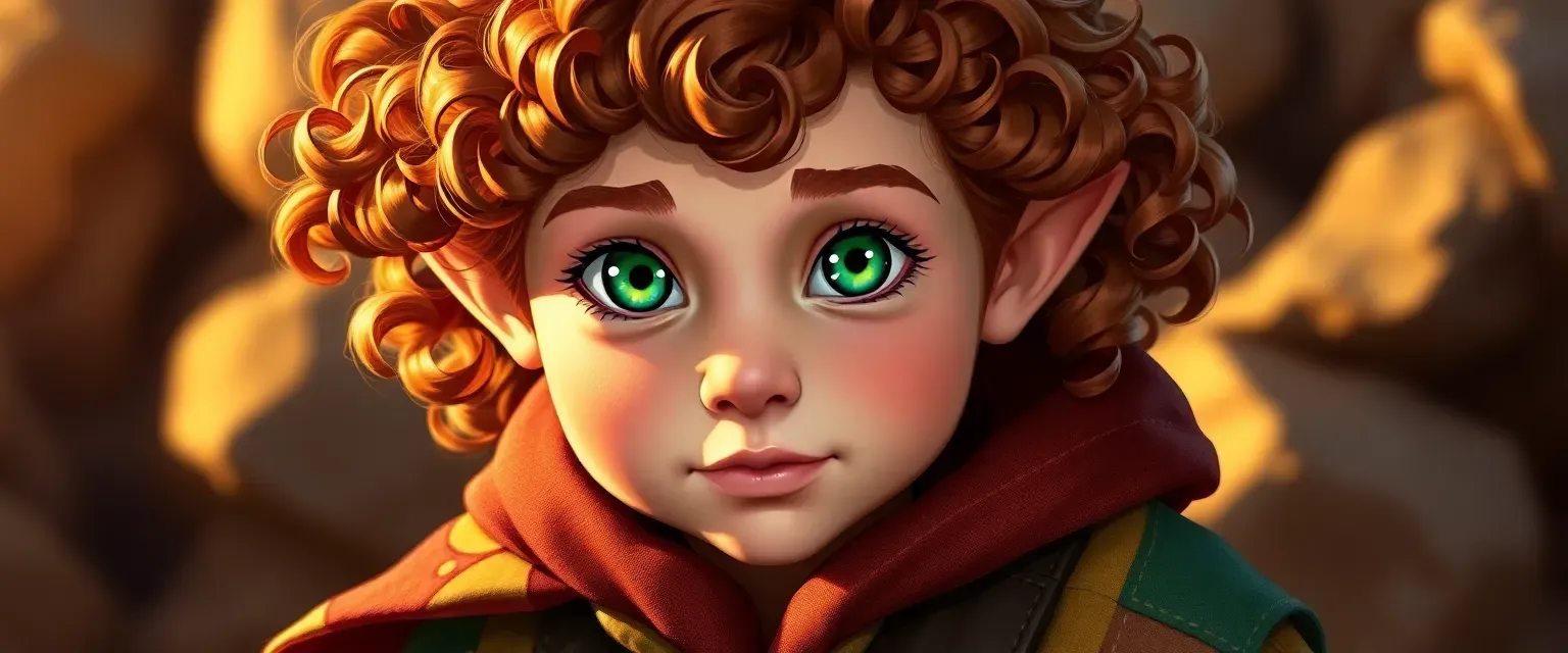 A sun-kissed halfling with curly chestnut hair and emerald eyes, wearing a vibrant patchwork cloak and leather vest.