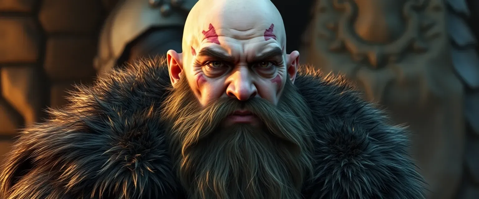 Big, strong man with scars, bald head, messy beard, wearing animal fur and leather.
