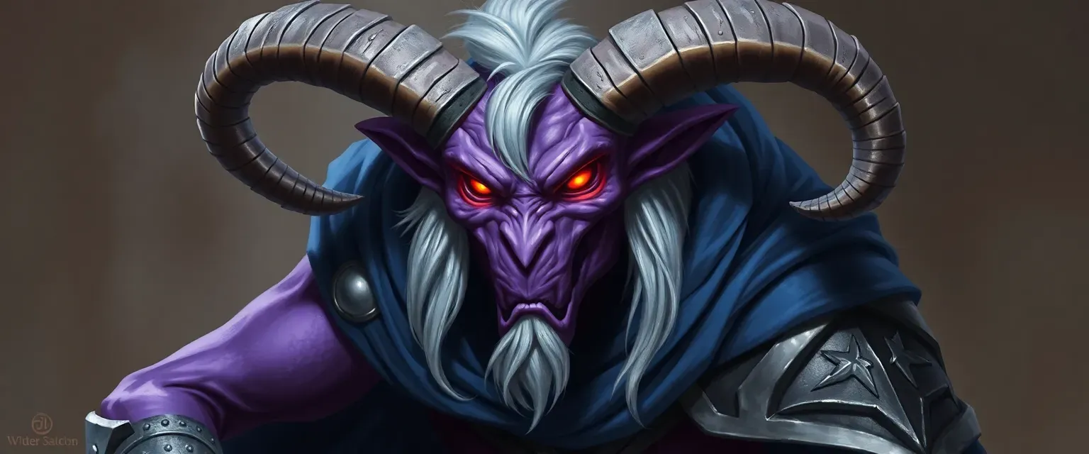 Purple demon with silver-flecked arms, white hair, ram-like horns, glowing yellow eyes, wearing blue cloak and armor.