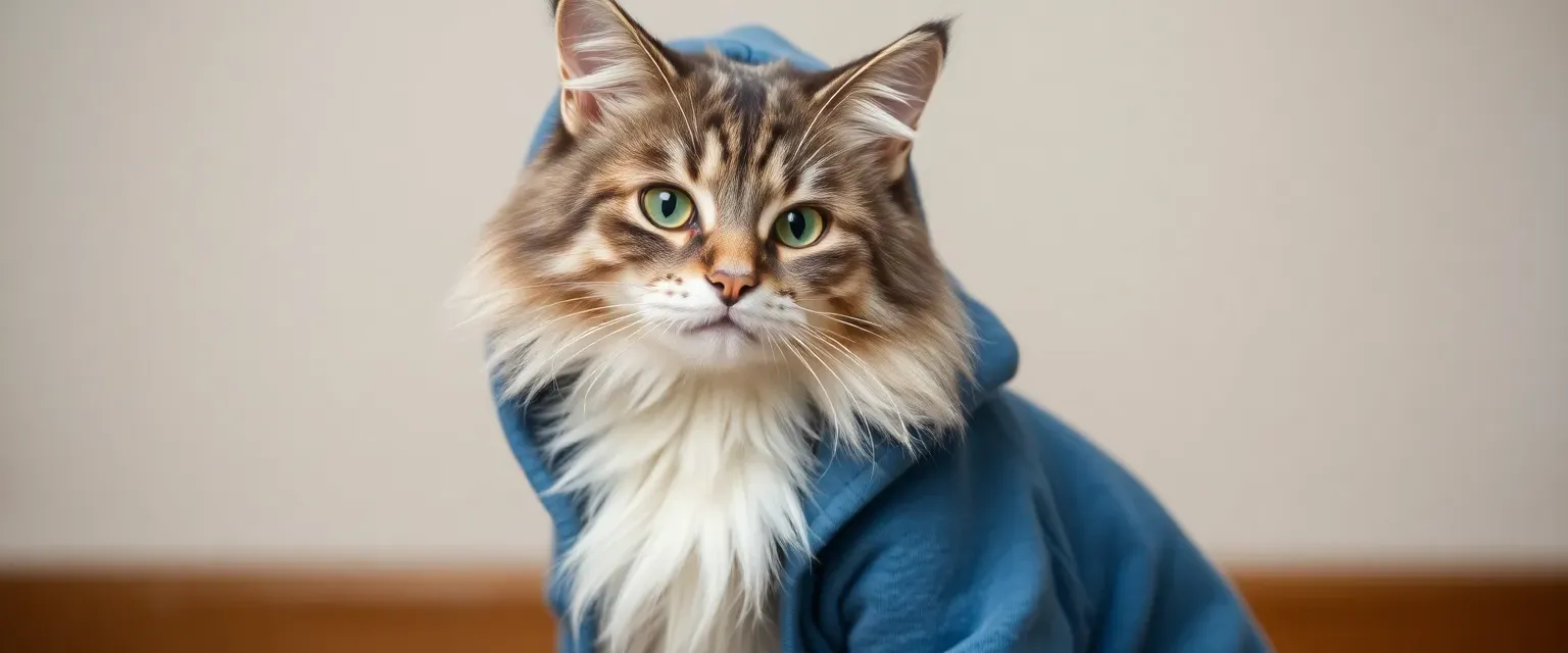 16-year-old cat-person, gray and white fur, green eyes, wearing a blue hoodie and jeans.