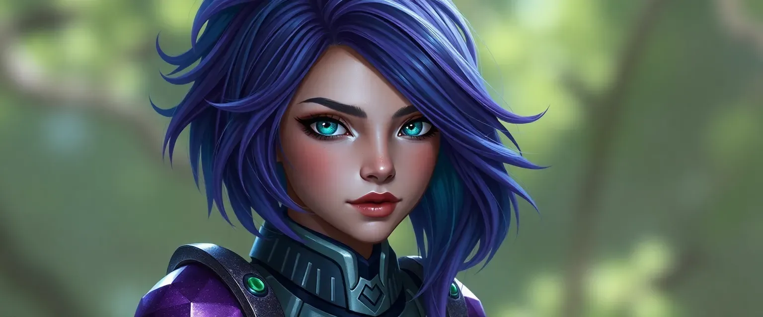 Young Startherian woman with shifting purple-blue hair, emerald eyes, and a shimmering adaptive suit.