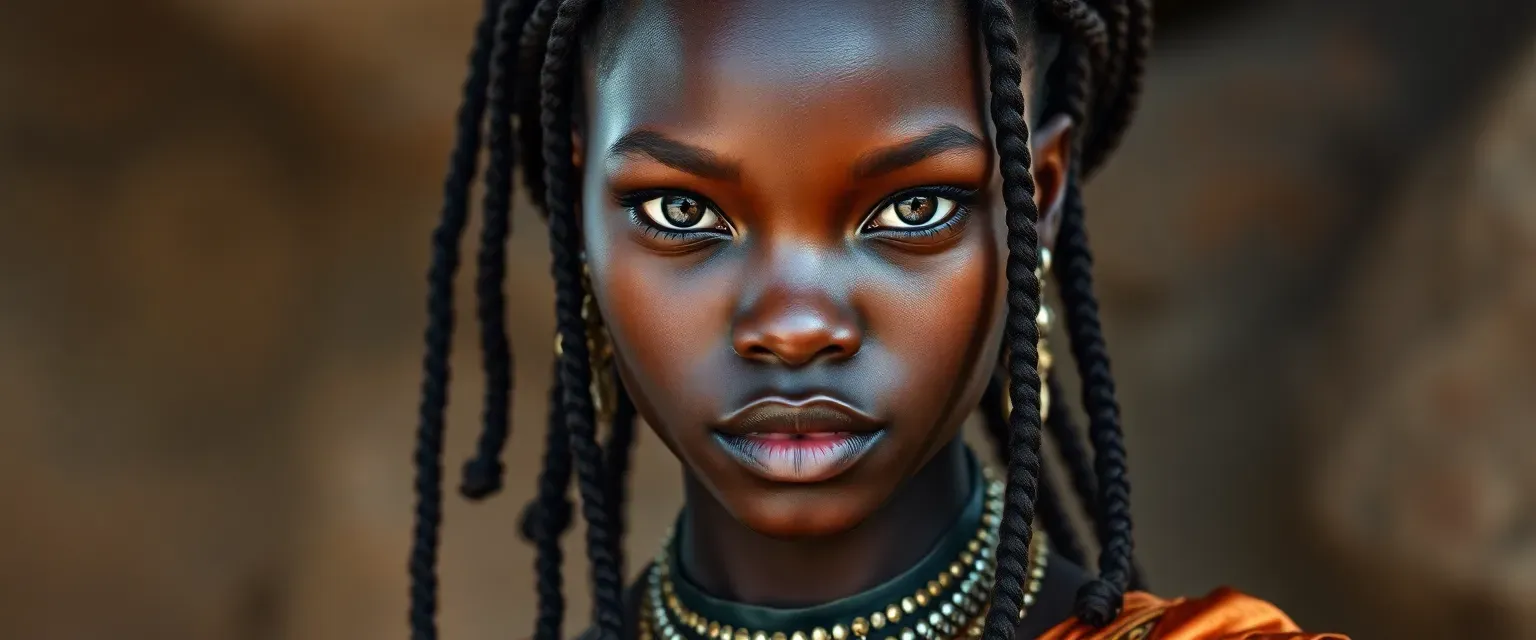 Young African woman with ebony skin, expressive eyes, and beaded braids, dressed in shimmering silks.