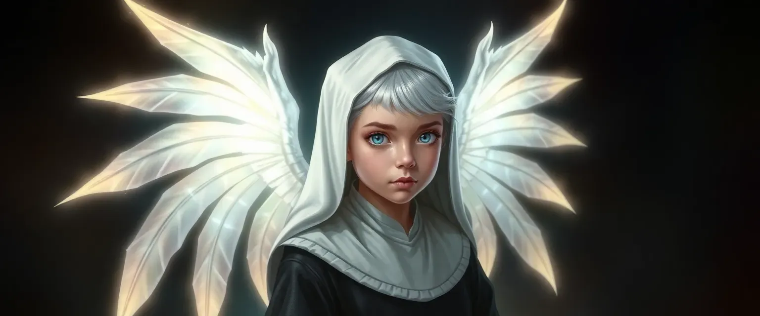 Young seraph with six glowing wings, white hair, wearing a nun's habit, piercing blue eyes.