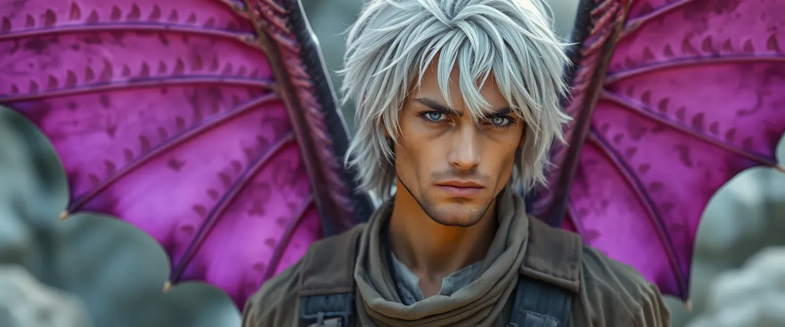 Silver-haired Zaylaphen man with large, tattered purple wings, deep violet eyes, wearing simple, worn traveler's clothes.