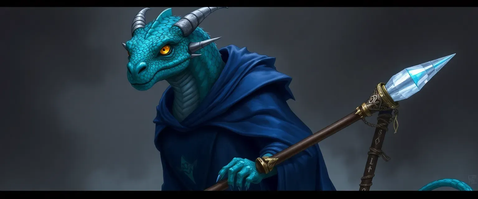 Tall Dragonborn with azure scales, yellow eyes, wearing a deep blue robe with silver runes, carrying a crystal-topped staff.