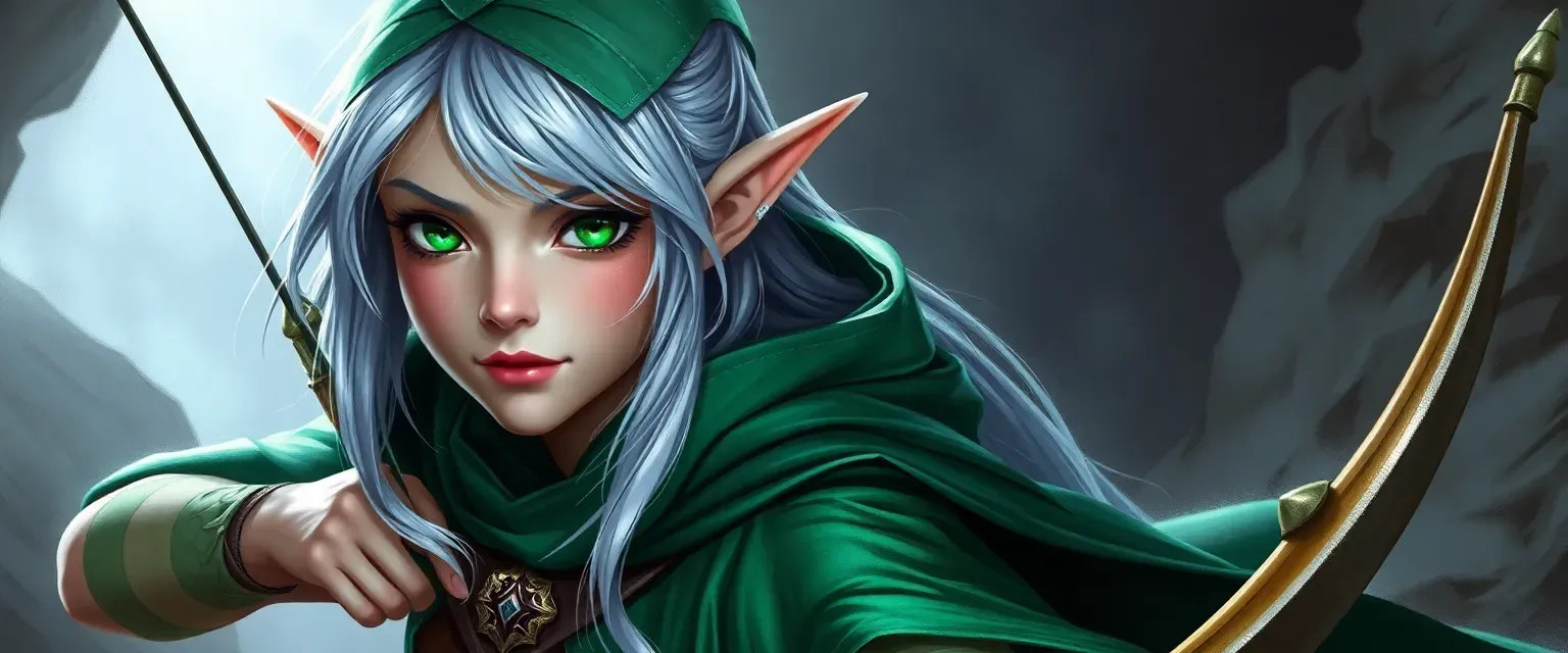 Kagonesti Elf with silver hair, emerald eyes, wearing green tunic and cloak, carrying a bow.