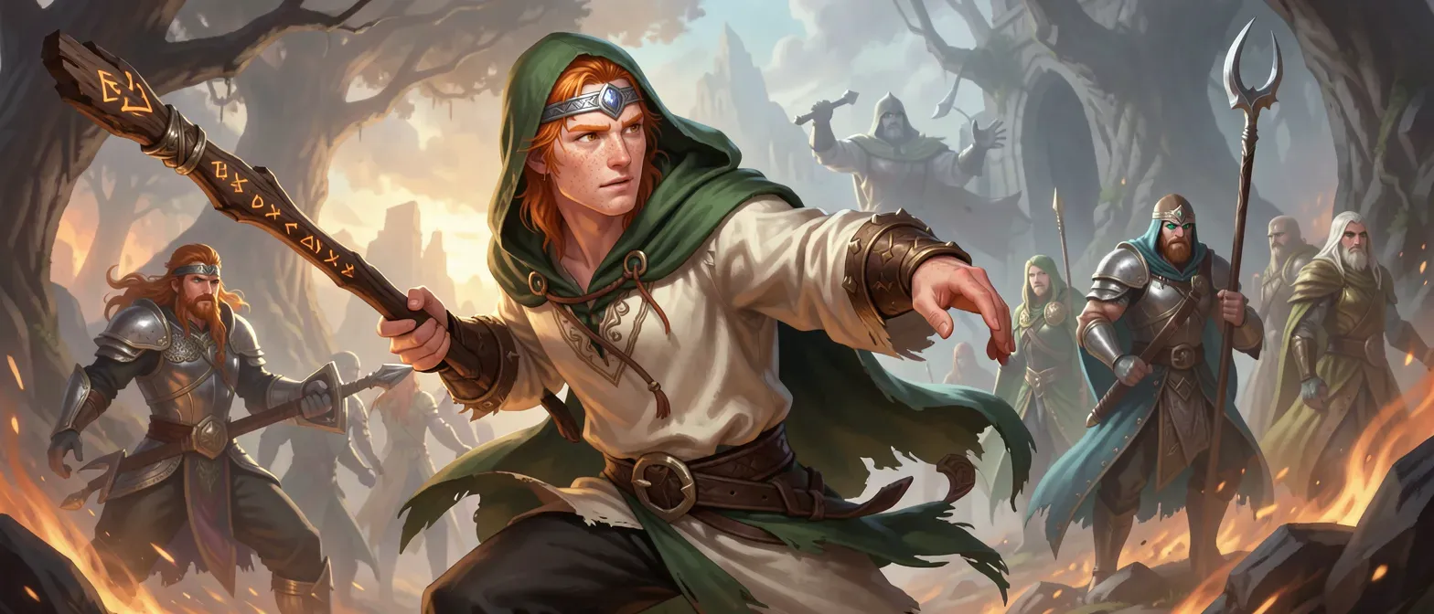 A 28-year-old ginger-haired mage prince, lean and freckled with hazel eyes, wearing threadbare silken tunic and green hood, holding a rune-carved oak staff, silver circlet on brow.