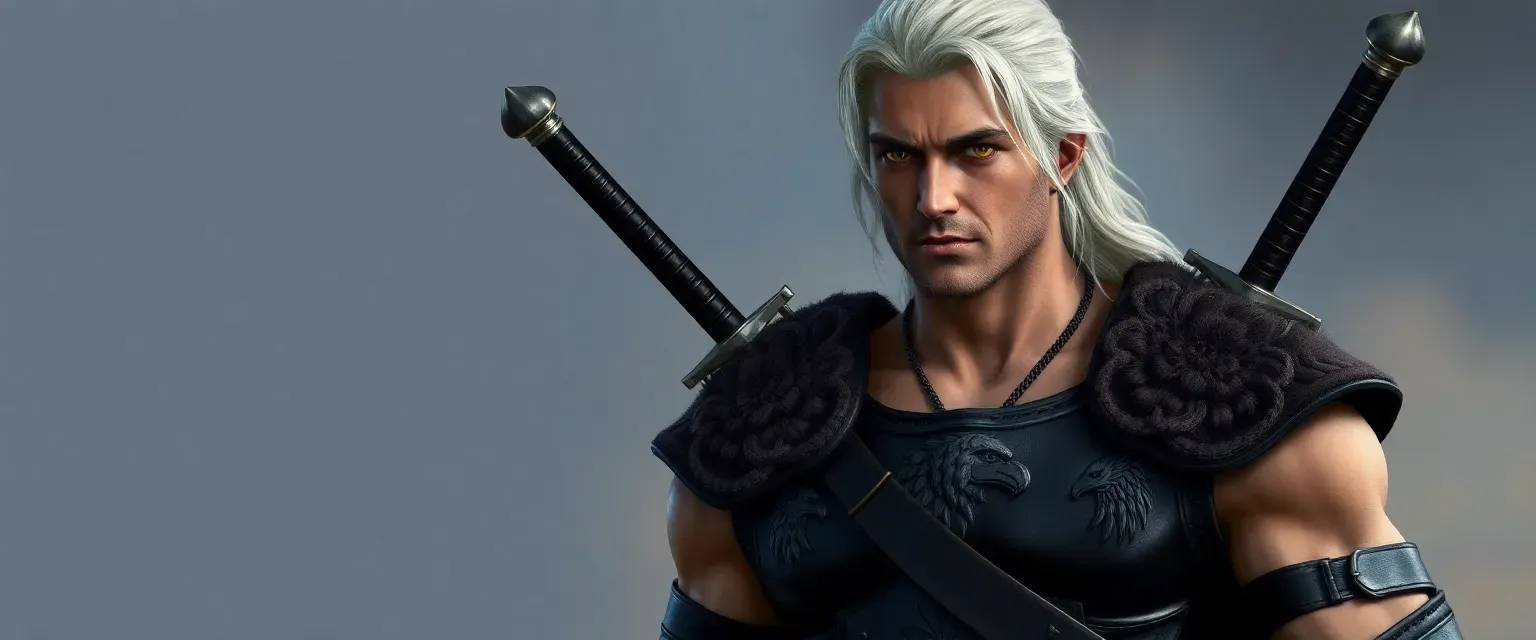 A tall, muscular man in his early 30s with silver-white hair and cat-like amber eyes. Wears black leather armor adorned with wolf and raven motifs, two distinctive swords crossed on his back.