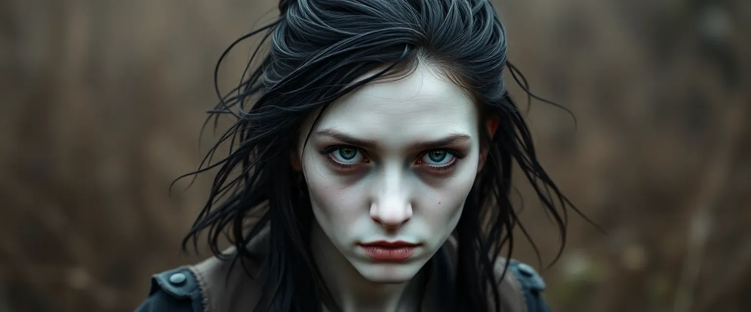 25-year-old woman with pale skin, dark hollow eyes, and tangled black hair, wearing mismatched old clothes.