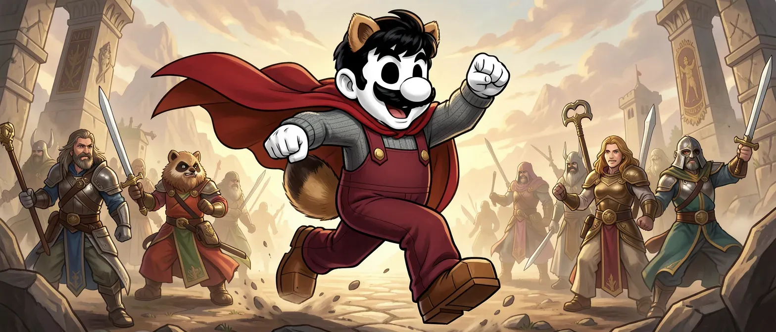 13ft tall chalk-white Mario parody with black hair, bushy mustache, black eye sockets, dark red overalls, grey sweater, tanuki ears/tail, red cape, cube boots.