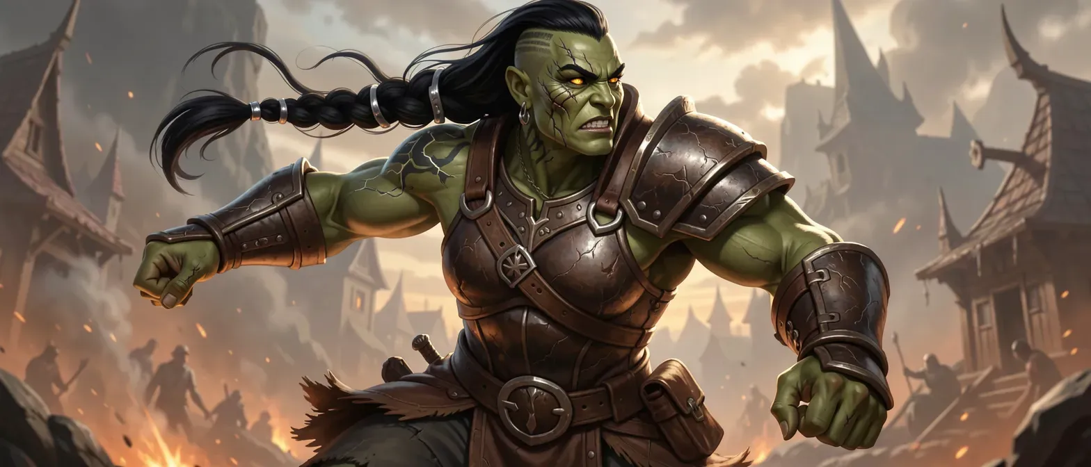 Towering 6'5" athletic half-orc woman, olive-green scarred skin, gold eyes, shaved-side jet-black braid with silver rings, thunderstorm tattoo, leather half-plate armor.
