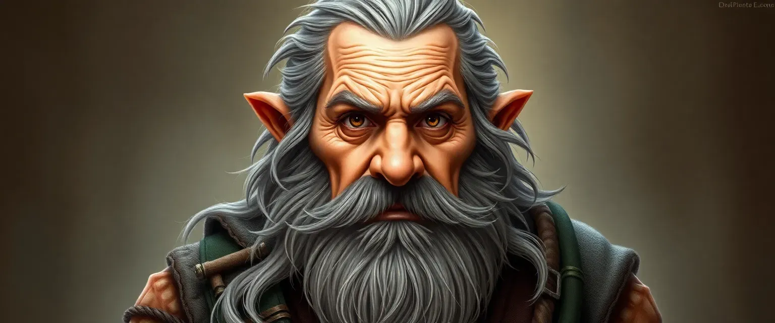 Middle-aged dwarf with gray-streaked beard, sturdy build, deep brown eyes, wearing merchant's attire.