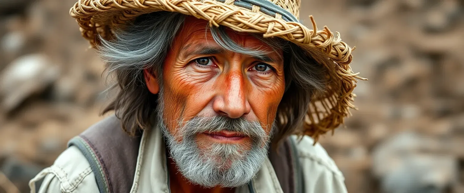 A weathered farmer in his late forties, with tanned skin, gray-streaked hair, and a straw hat, wearing a torn white shirt and rugged trousers.