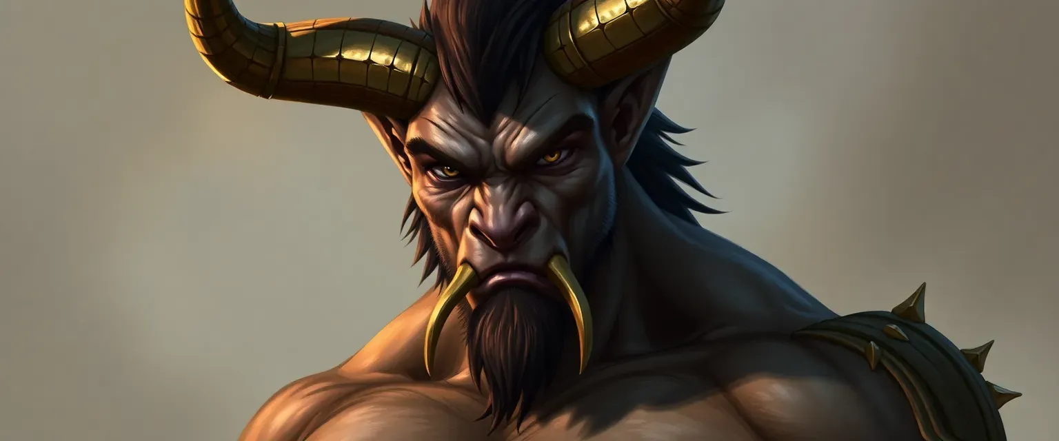 Tall half-minotaur with dark fur, muscular build, bronze horn cuffs, and piercing eyes.