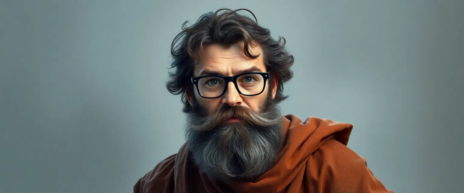 Bearded man in his forties, frilly dark brown hair, glasses, frisbees instead of eyes, wearing a flowing robe.
