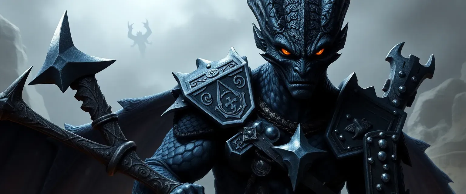 Black Dragonborn male, 6'8", muscular, obsidian scales, amber eyes, scar on left face, warhammer, steel armor with draconic runes.