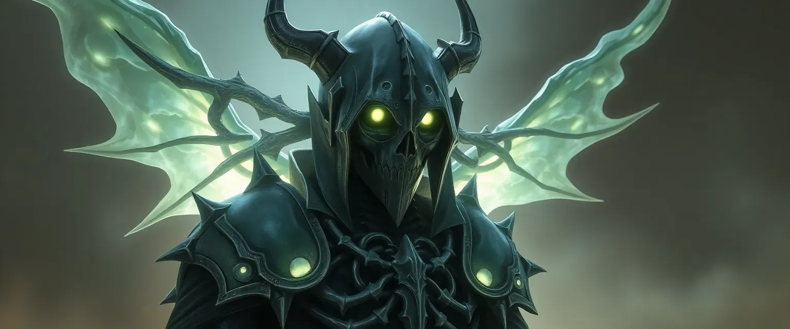 Ethereal Hollow Knight vessel with glowing eyes, clad in tattered armor, embodying silent despair.