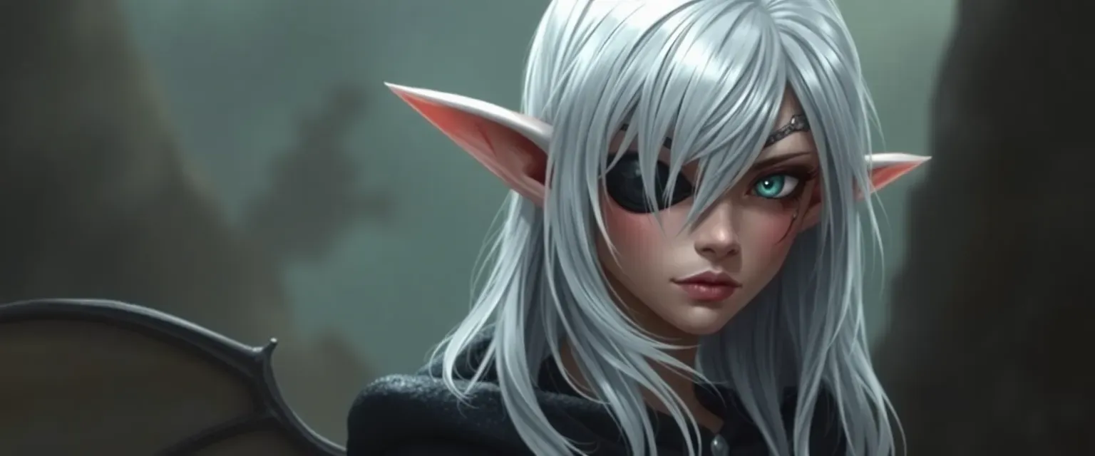 Silver-haired Elf-Incubus with a blind eye and patch, wearing a dark cloak, slender and feminine.