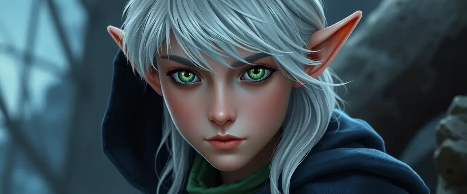 Young elf with silver hair and emerald eyes, wearing a green tunic and a midnight blue cloak.