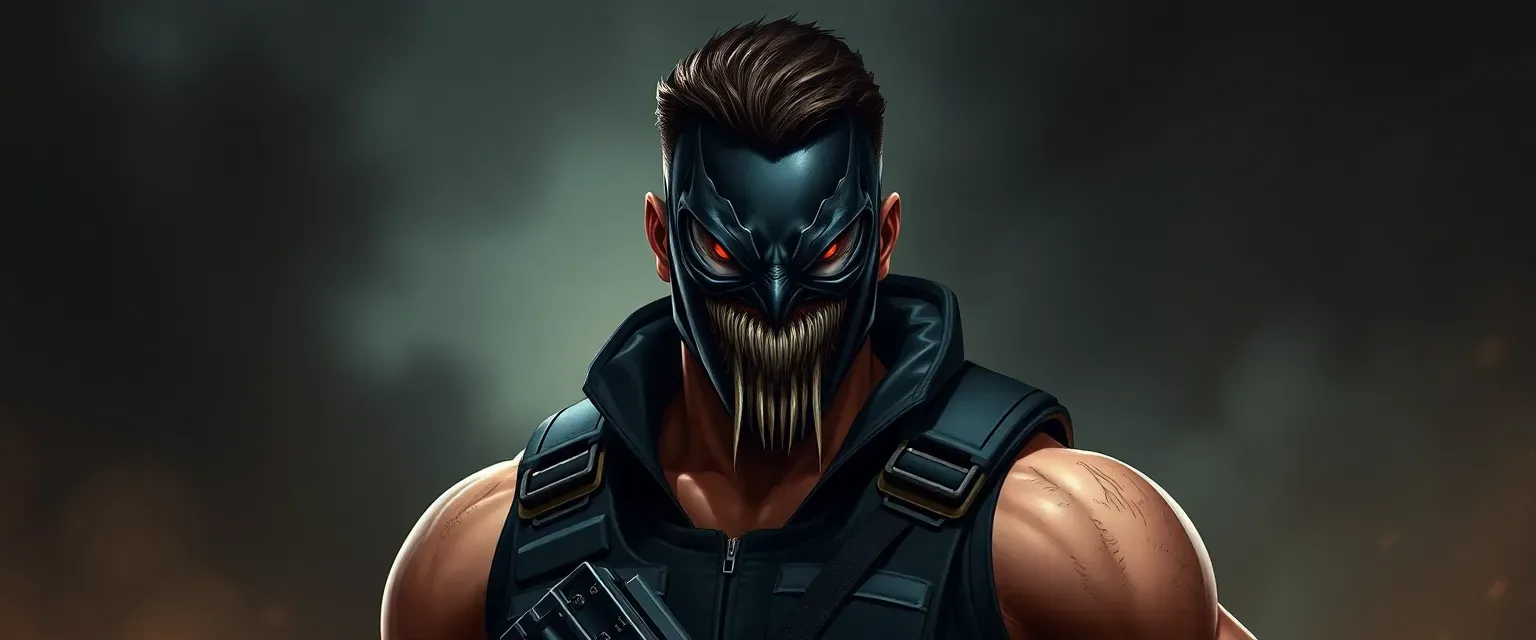 Tall, muscular man in tactical vest and venom mask, cold eyes, Latin American accent.