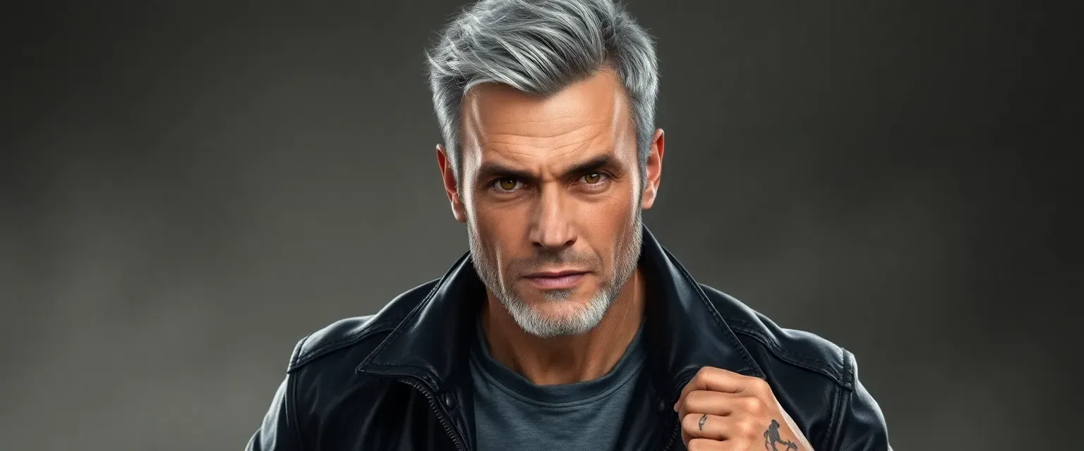 38-year-old man with graying hair, hazel eyes, wearing a leather jacket, t-shirt, and jeans, with visible scars on arms and hands.