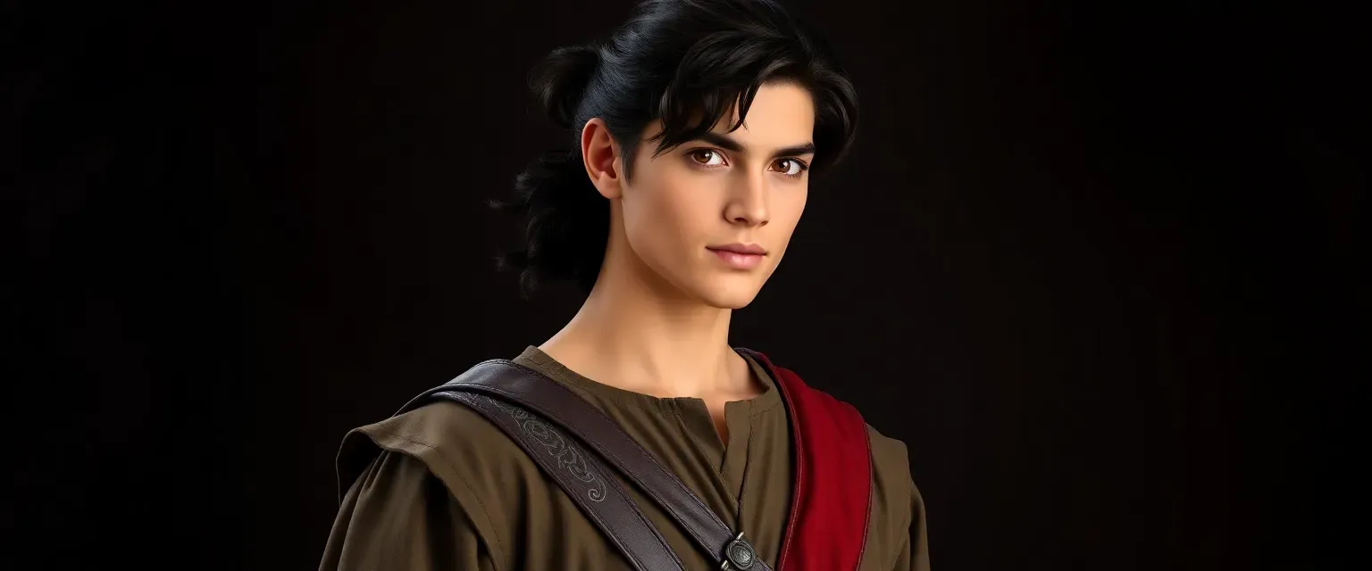 A tall, lean young man with dark, wavy hair tied back, wearing a practical tunic and breeches, with amber eyes and a royal sash.