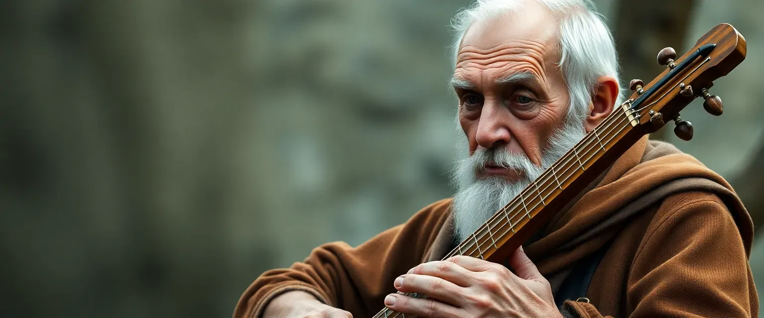 Elderly Slavic man with deep wrinkles, mute, playing a one-stringed wooden instrument.