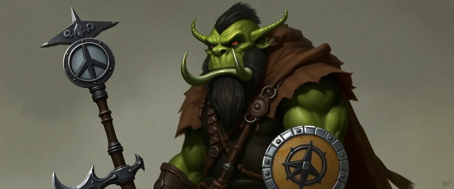 Tall Ork Barbarian with green skin, muscular build, scars, tusks, wearing a patched leather tunic and a sentimental cloak, carrying a warhammer adorned with peace symbols.