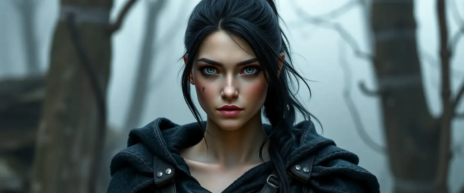 22-year-old fallen aasimar with storm-gray eyes, dark scar, black hair in ponytail, wearing worn leather and shifting cloak.