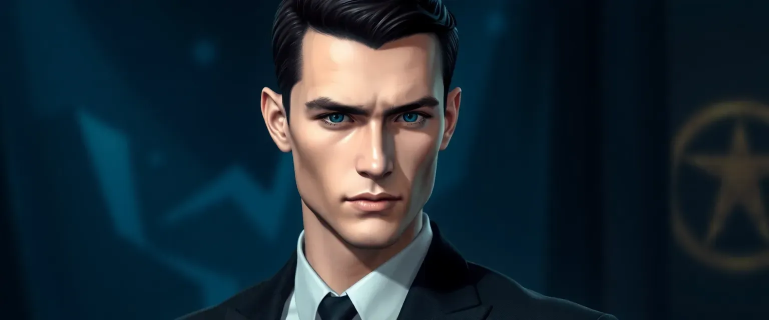 32-year-old male with pale skin, violet eyes, short black hair, wearing a dark, sleek suit.