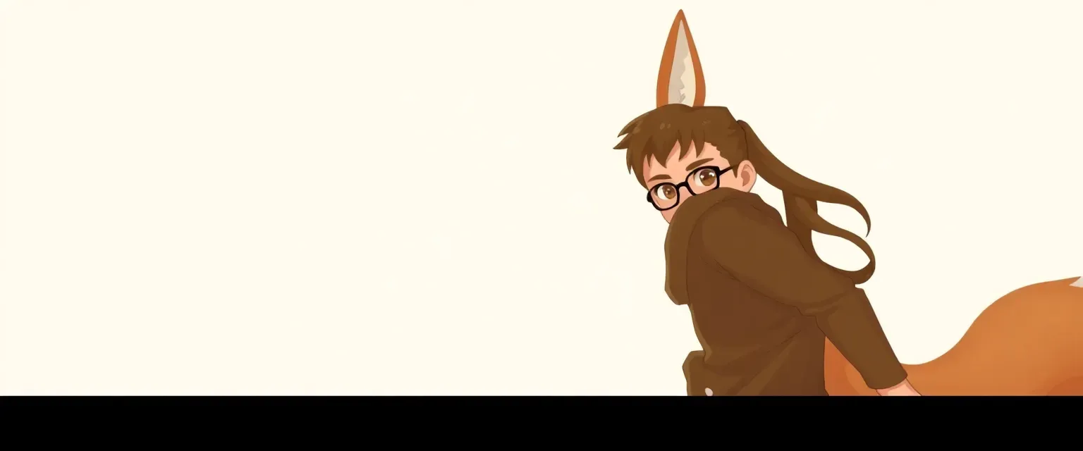 14-year-old boy, glasses, long ponytail, fox-themed clothes, barefoot, playful expression.