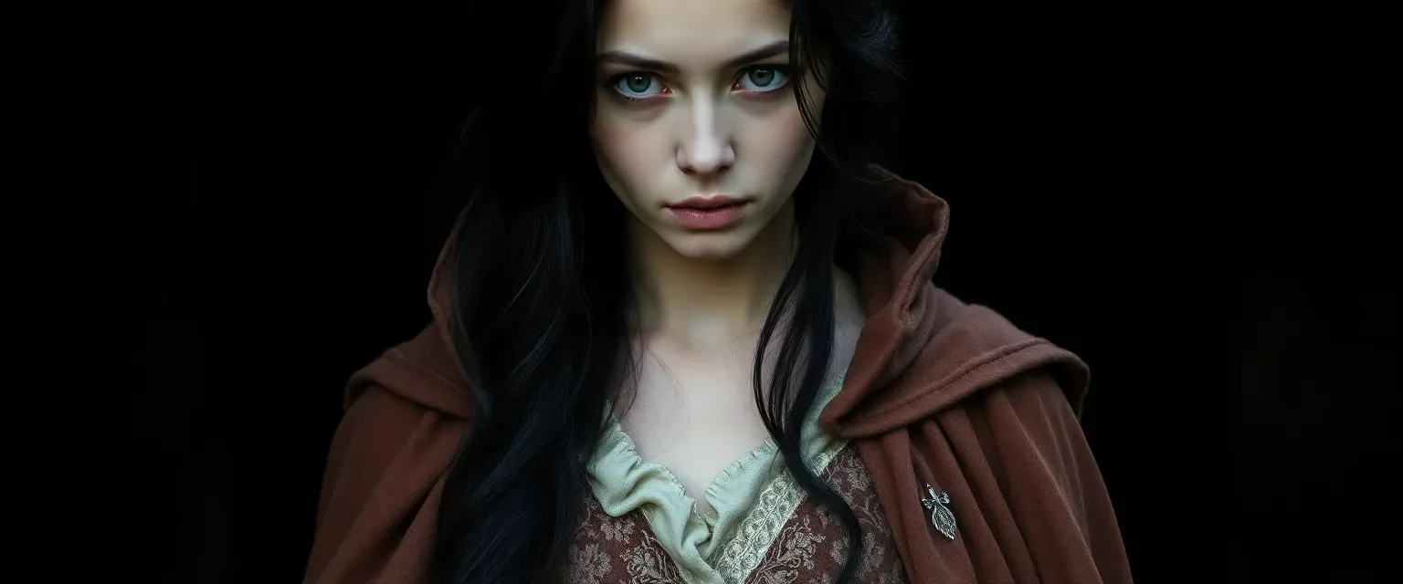 Pale, dark-haired woman in a tattered royal gown and cloak, with sorrowful eyes and a haunted expression.