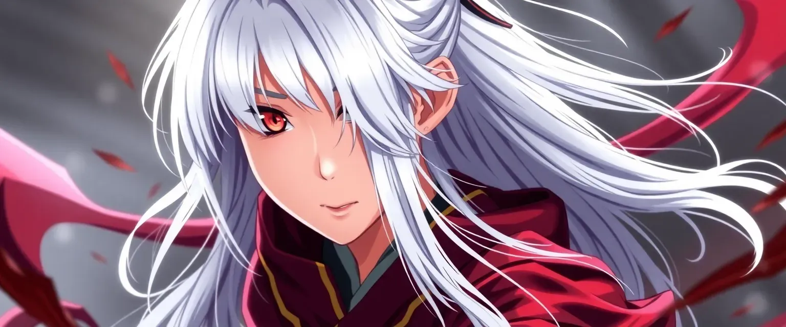15-year-old girl with long white hair, red eyes, wearing a modified Demon Slayer uniform with a reddish-maroon haori and a gold line.
