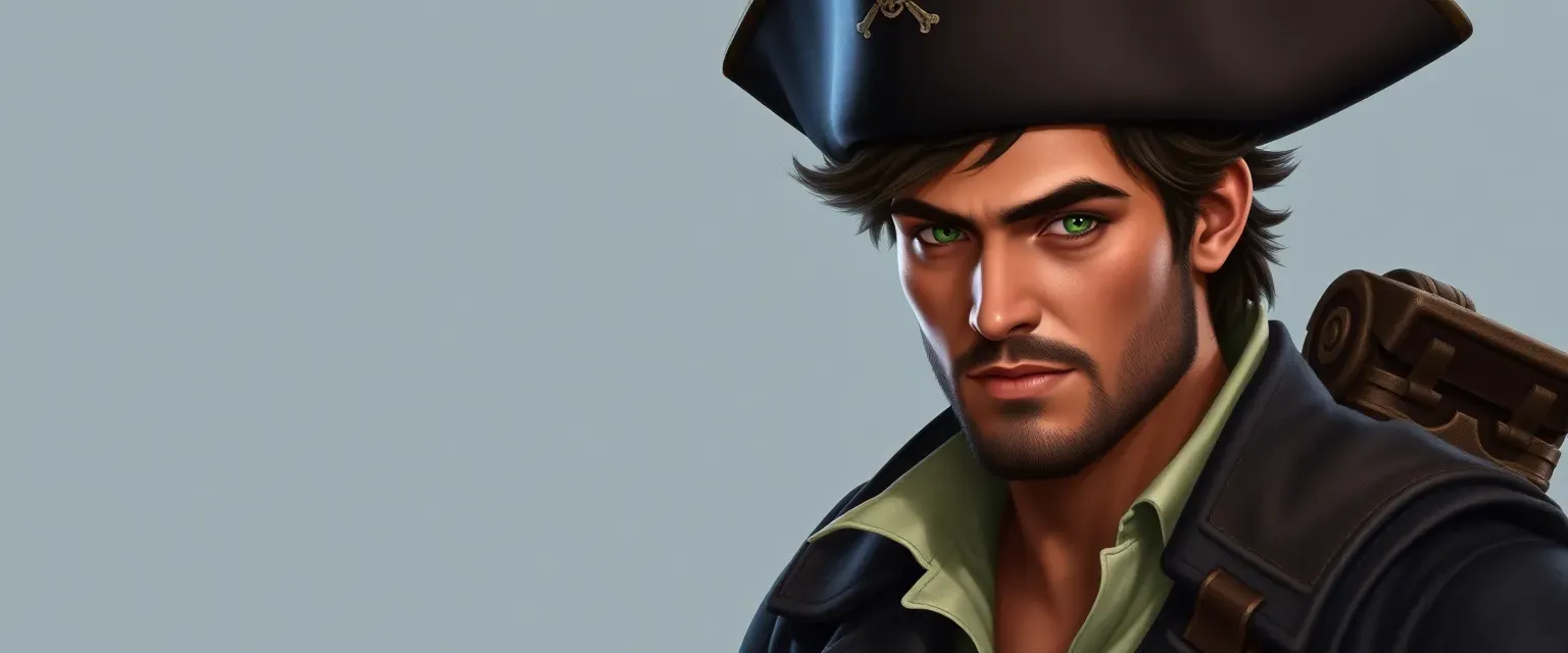 22-year-old pirate, short dark brown tousled hair, strong face with stubble, emerald green eyes, wearing a white shirt, leather jacket, breeches, and pirate hat.