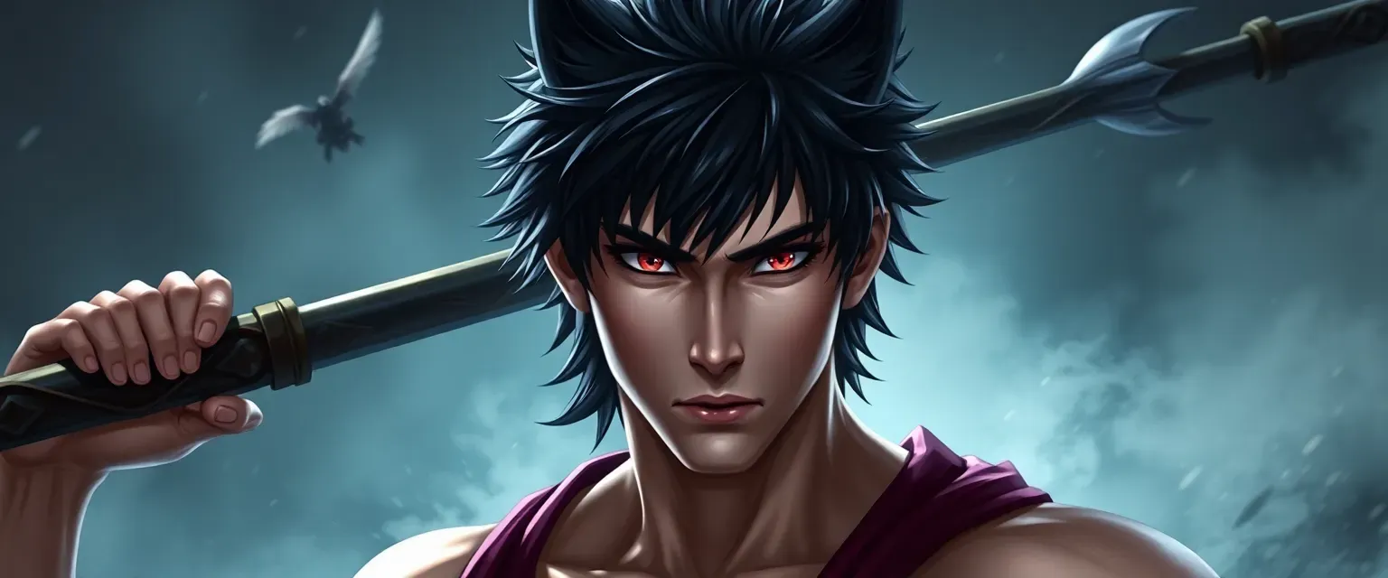 19-year-old, 8'11 tall male with black wolf-cut hair, blood-red eyes, pale skin, and a muscular build. Japanese and Slovakian features.