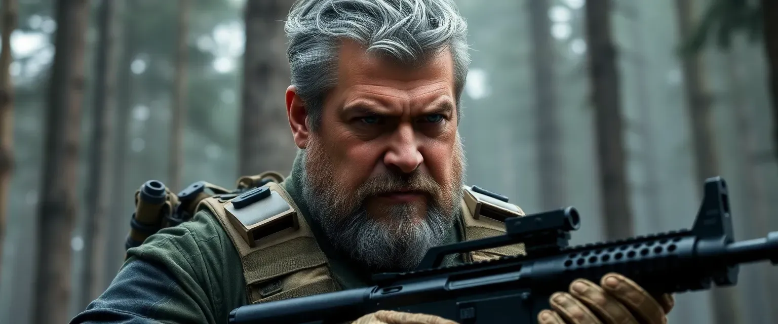Towering 38-year-old man with rugged face, stubble, gray-streaked hair, wearing tactical fatigues, vest, helmet, gripping assault rifle in forested warzone.