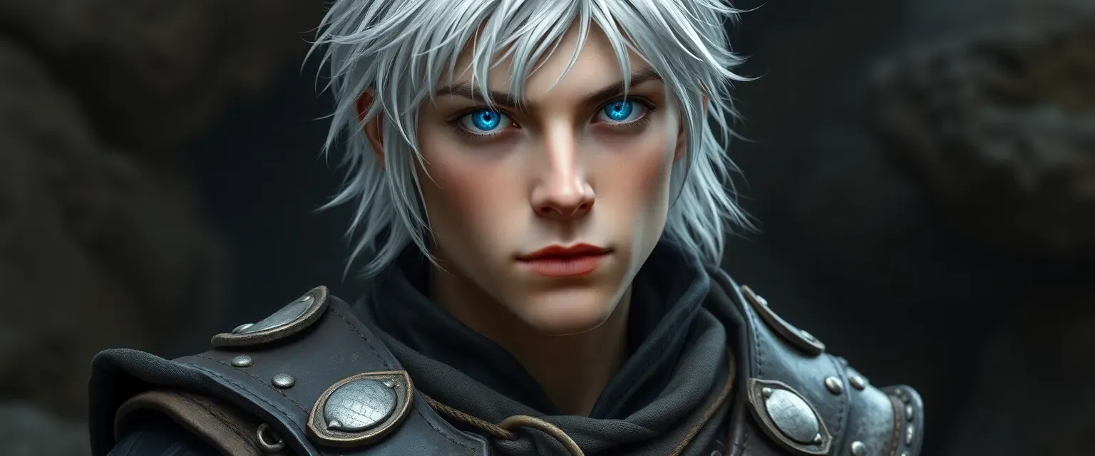 Young man with silver hair, blue eyes with a celestial glow, wearing worn leather armor.
