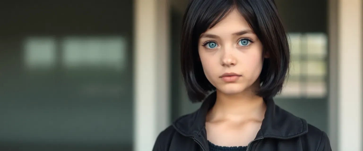 16-year-old girl with short black hair and blue eyes, wearing a dark jacket and trousers, slender and alert.