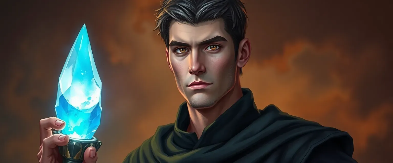 Man in his early thirties, lean, short chestnut-gray hair, deep hazel eyes, cleric robes, staff with glowing crystal.