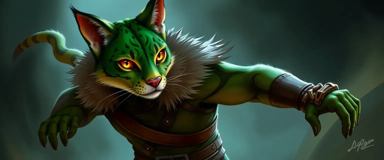 Male Tabaxi ranger, jade green fur, golden eyes, wearing leathers and furs, agile and alert.