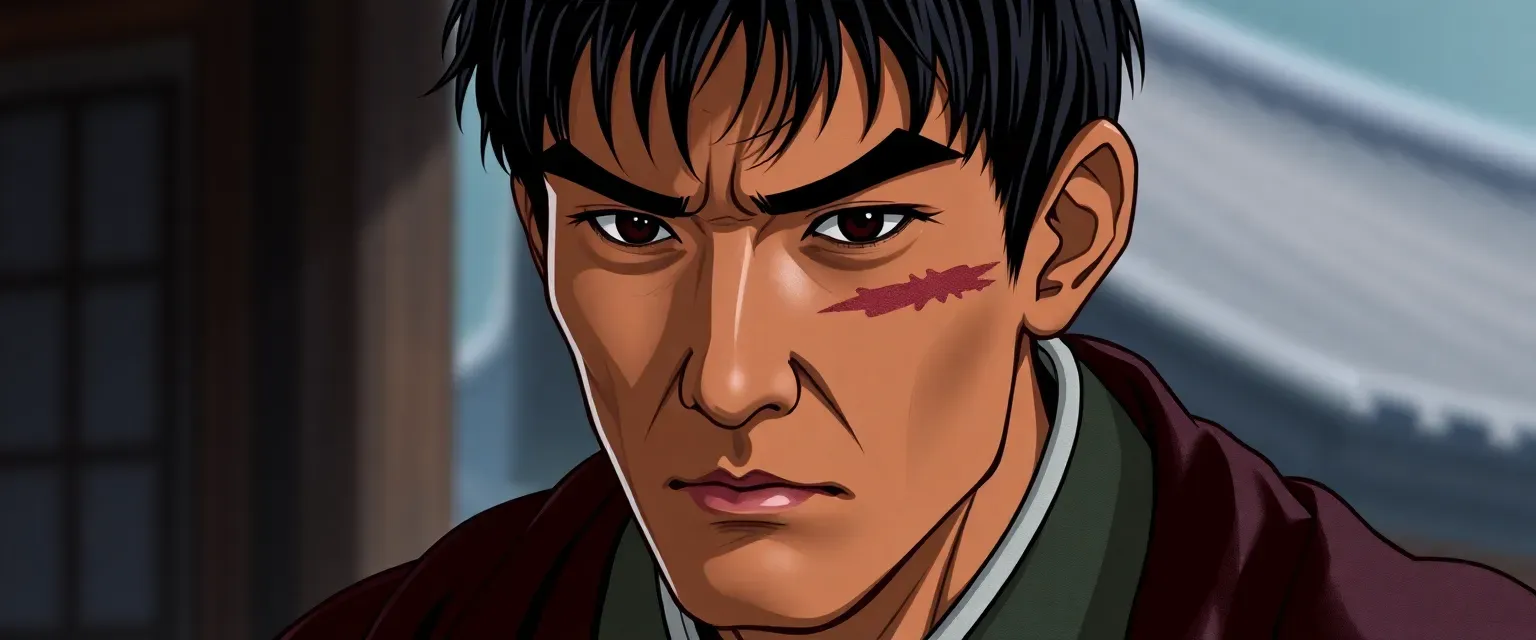 42-year-old Japanese man with short black hair, stern face, scar on left cheek, wearing traditional Japanese attire.