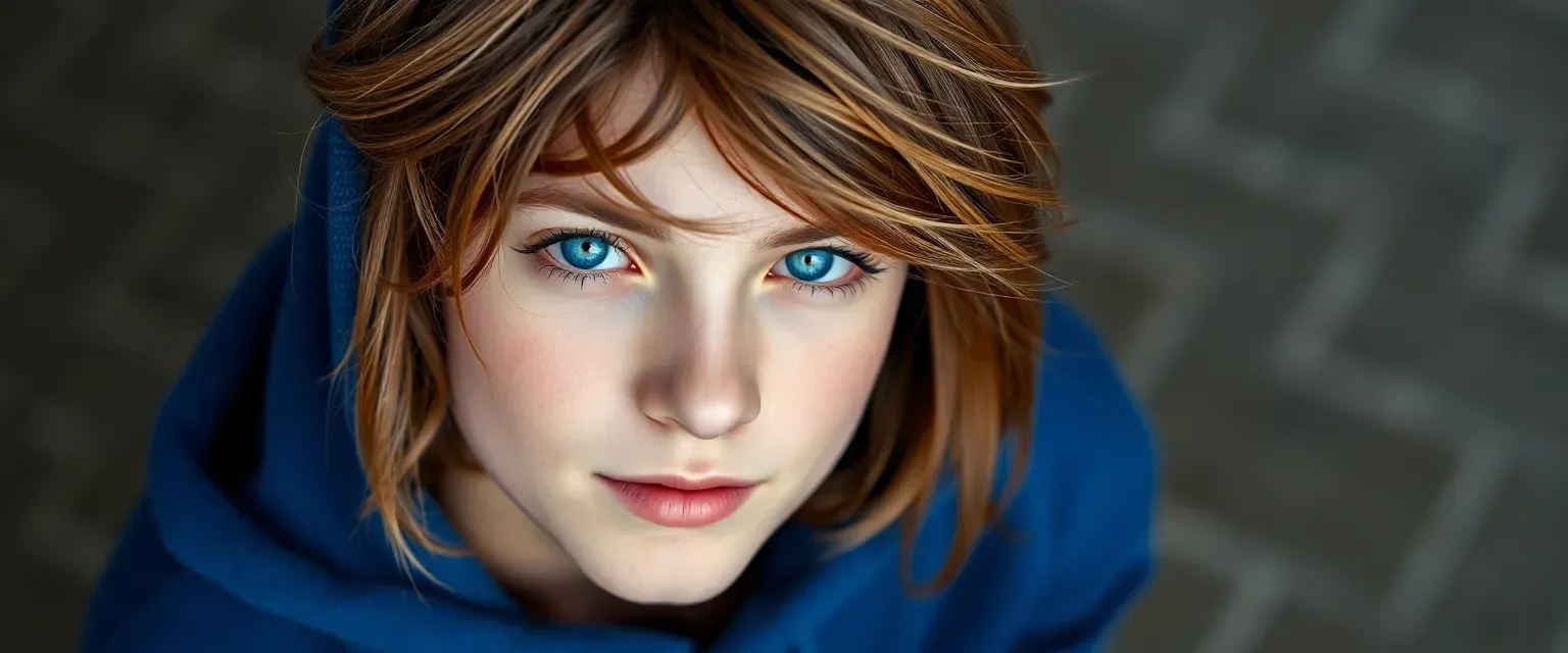 Seventeen-year-old with blue eyes and unkempt chestnut hair, wearing a blue hoodie and jeans.