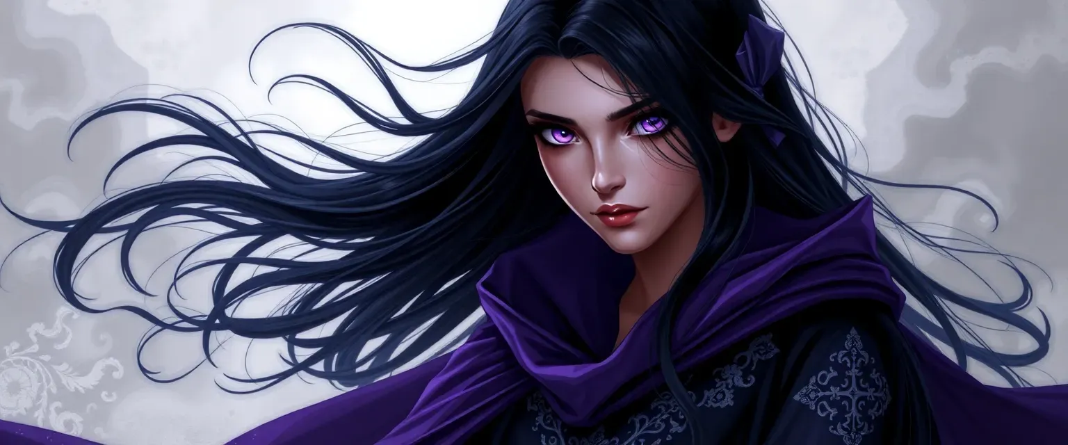 A sorceress with long black hair and violet eyes, wearing flowing purple and black robes with silver embroidery.