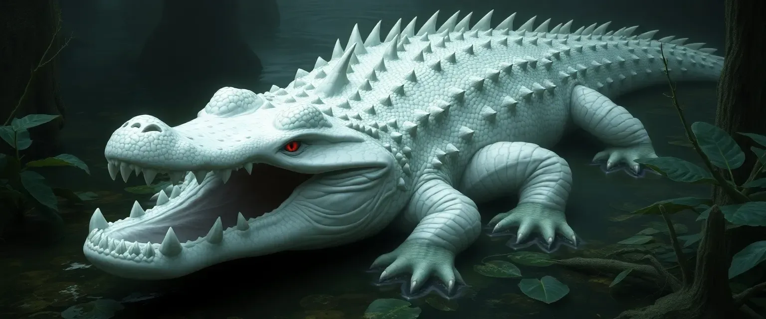 Albinus is an ancient albino crocodile with godly powers residing in a mystical swamp. His ghostly white scales and crimson eyes reflect centuries of wisdom but also an insatiable boredom.