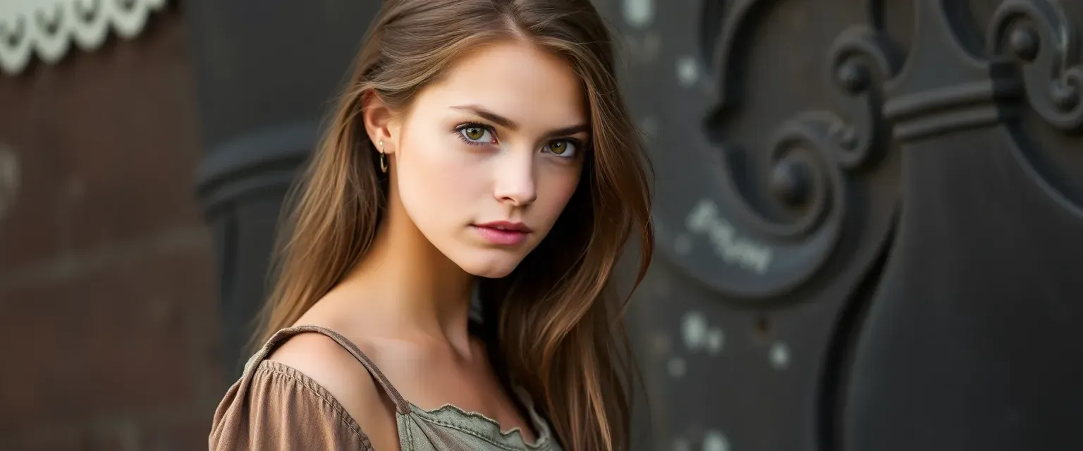 Young woman, 5'3", long brown hair, hazel eyes, wearing a worn-out dress.